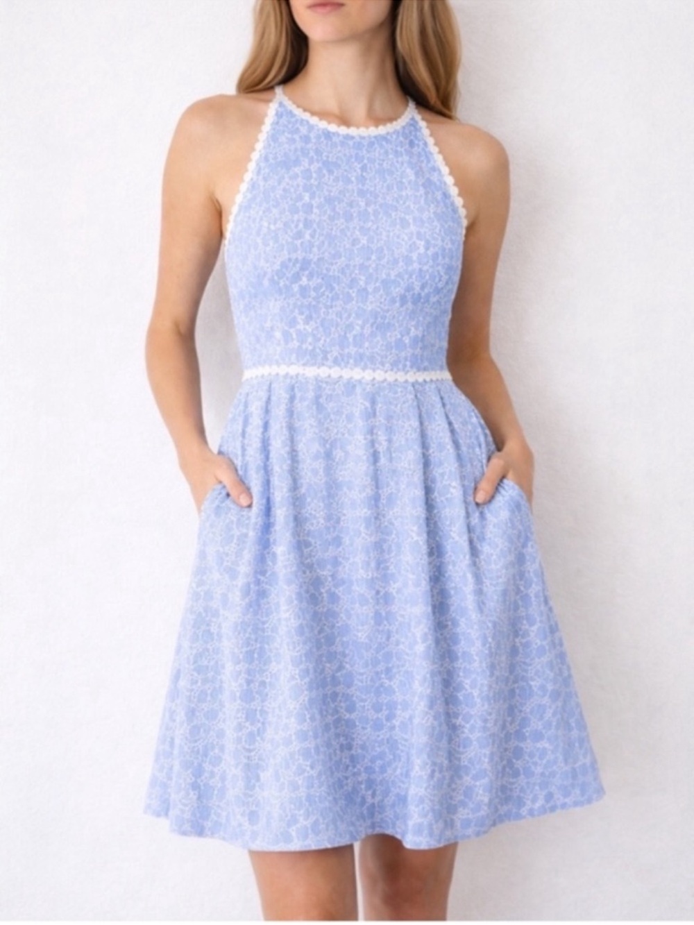 Lilly Pulitzer Tori Dress Blue Stripe Cotton Floral Eyelet Lace Fit Flare Sz 12